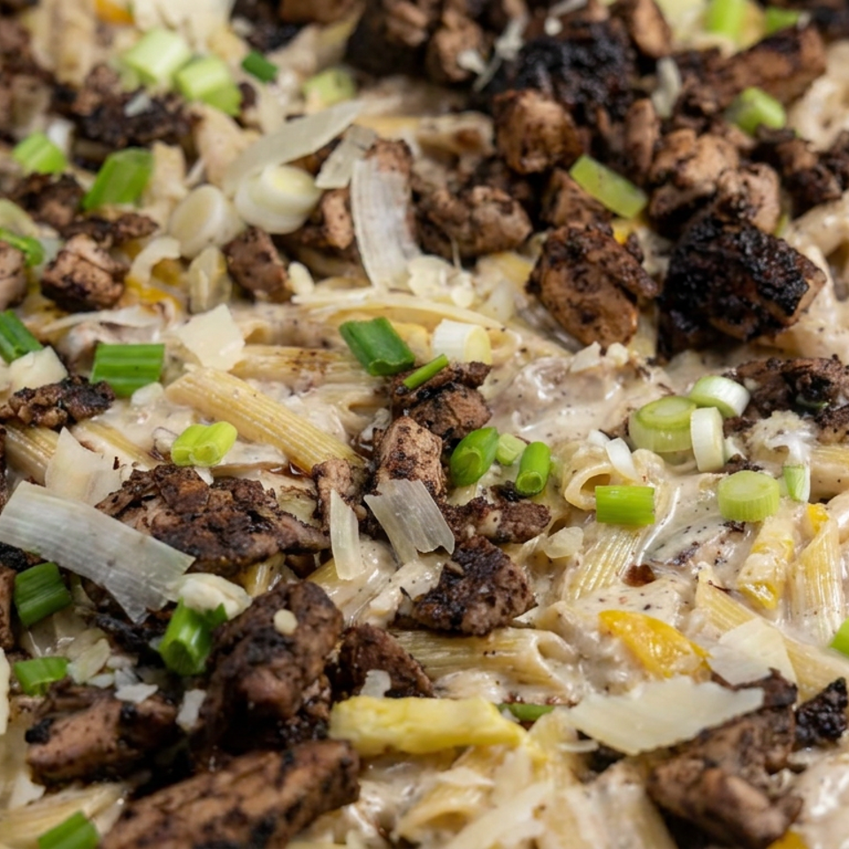 Creamy penne pasta topped with grilled meat pieces, shaved Parmesan, green onions, and yellow peppers.