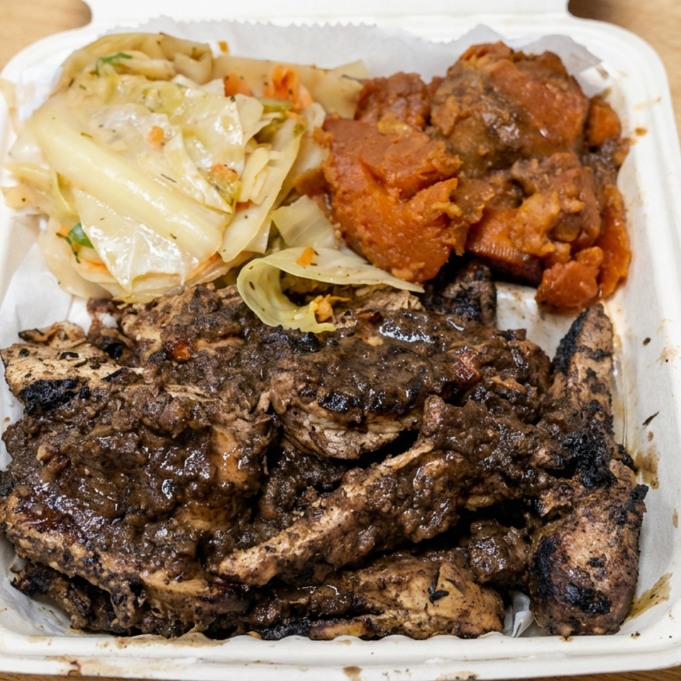 Takeout tray filled with grilled meat, fried chicken, and creamy cabbage salad on a wooden table.