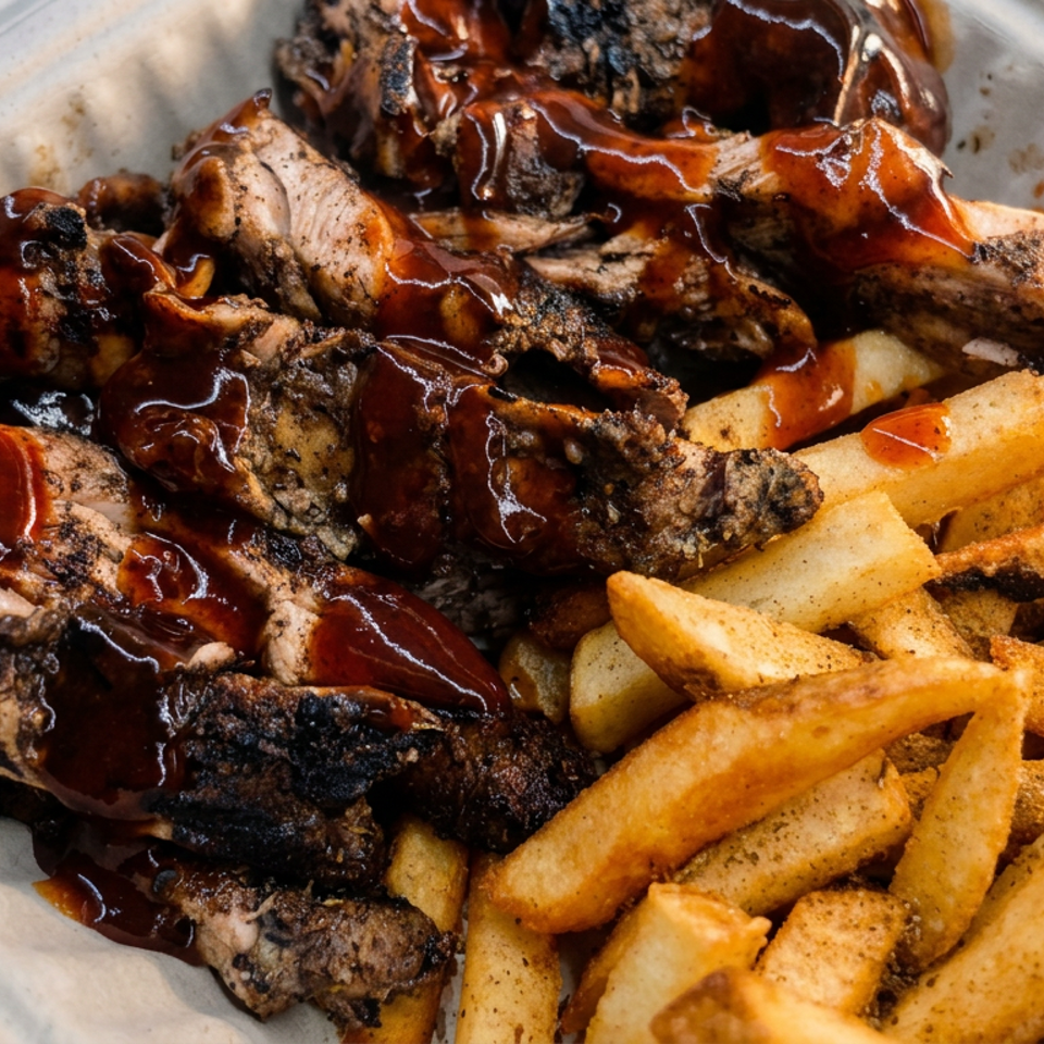 Grilled, sauce-glazed meat pieces served with seasoned golden fries in a clear takeout container.