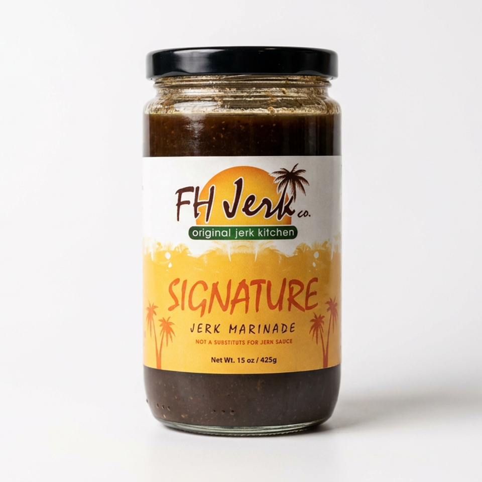 Jar of FH Jerk Co. Signature Jerk Marinade with a colorful tropical label against a white background.