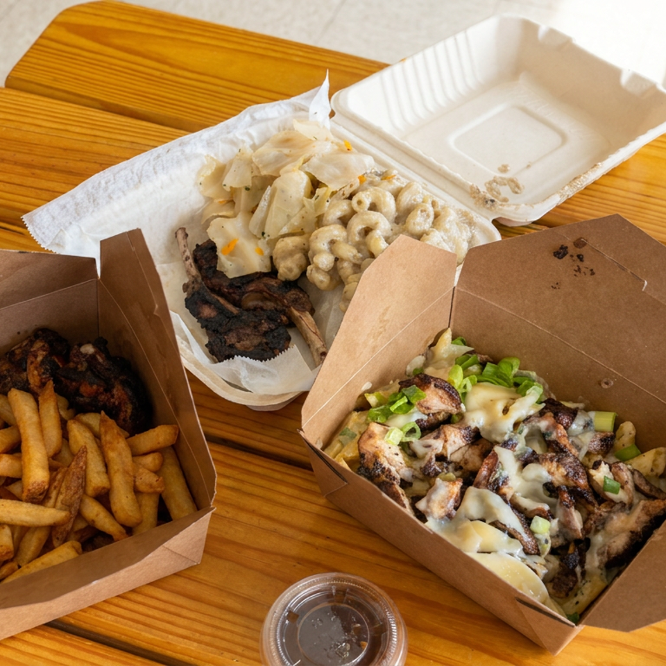 Takeout boxes of loaded fries, plain fries, grilled meat, and macaroni salad arranged on a wooden picnic table.