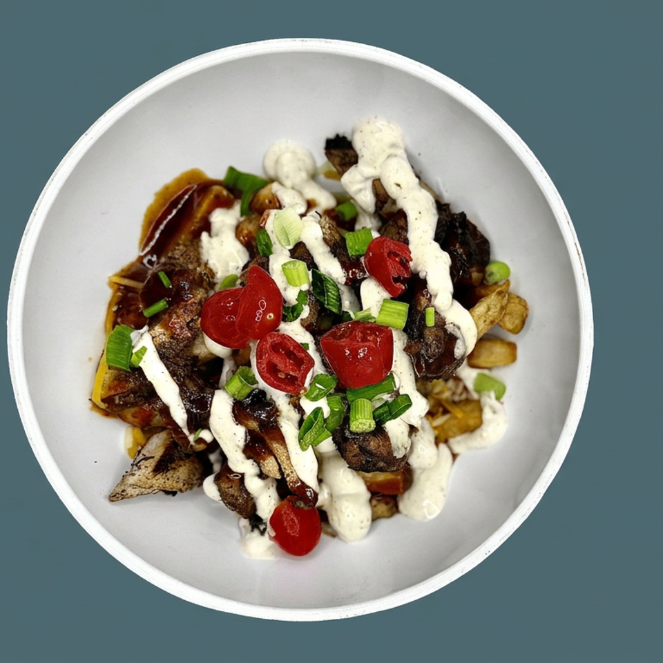 Overhead view of grilled meat and potatoes topped with creamy sauce, cherry tomatoes, and chopped green onions in a white bowl.