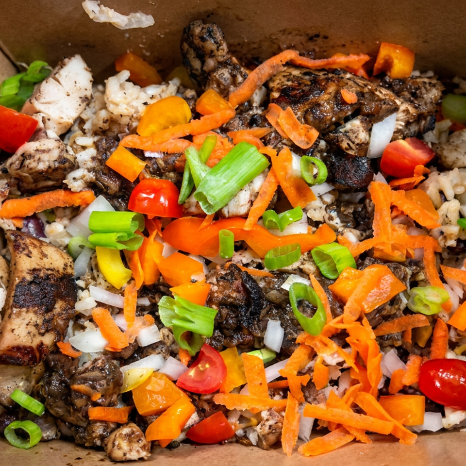 Grilled chicken and vegetables over rice, topped with carrots, peppers, tomatoes, onions, and green onions in a takeout box.