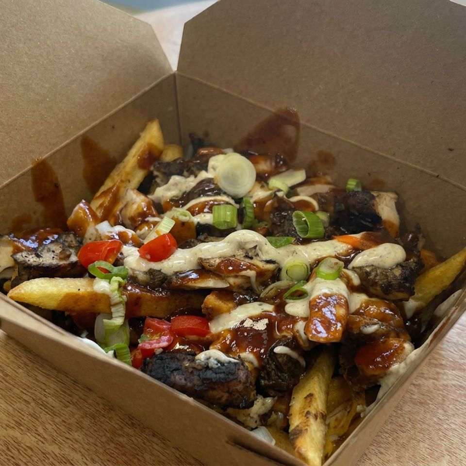 Loaded fries topped with grilled meat, creamy sauce, barbecue glaze, cherry tomatoes, and green onions in a cardboard tray.