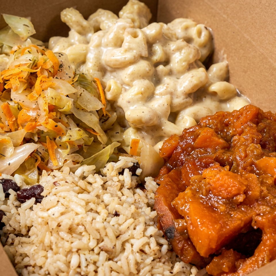 Takeout box filled with creamy macaroni, rice and beans, sautéed cabbage and carrots, and saucy orange-glazed meat.