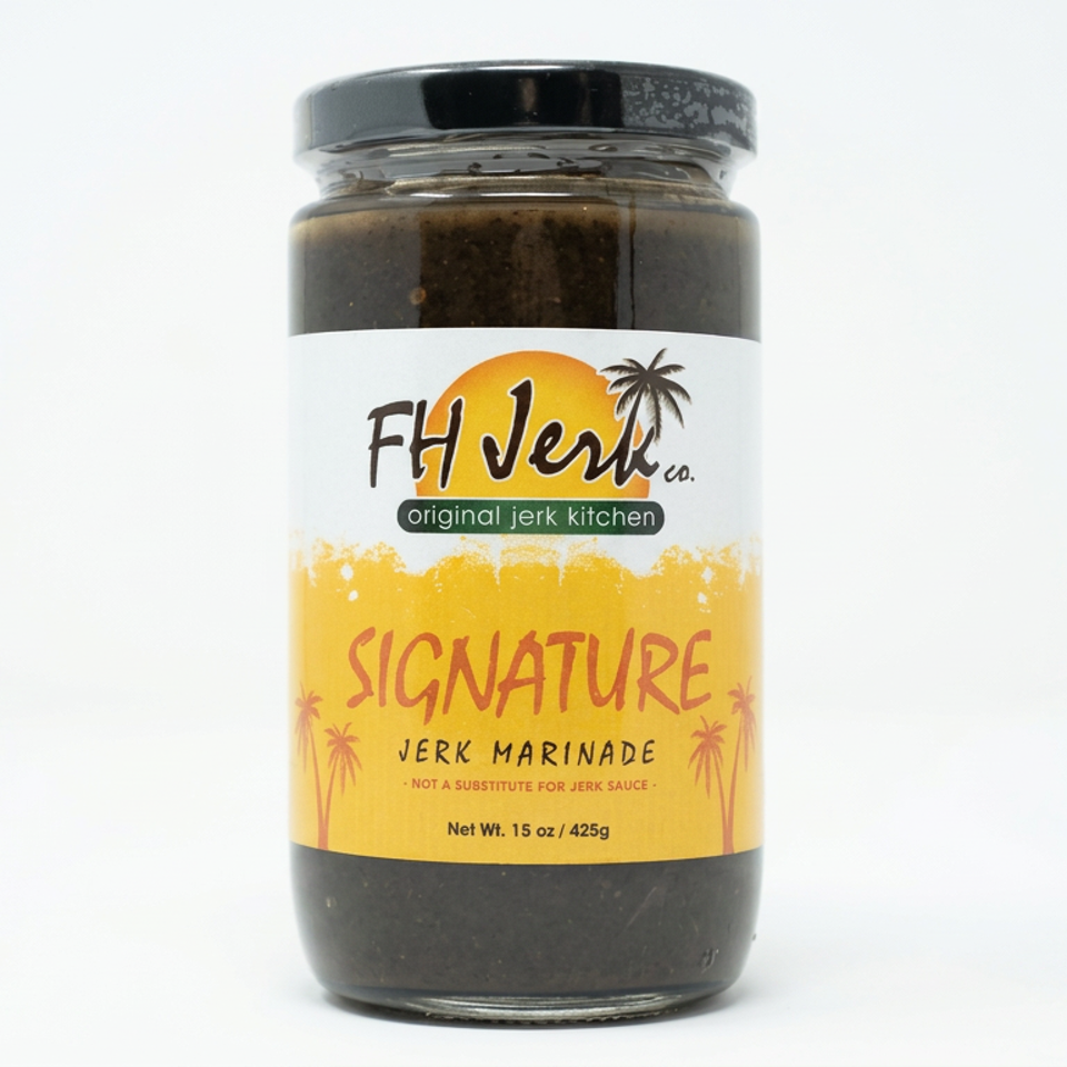 Jar of FH Jerk Co. Signature Jerk Marinade with a tropical yellow label and black lid against a white background.