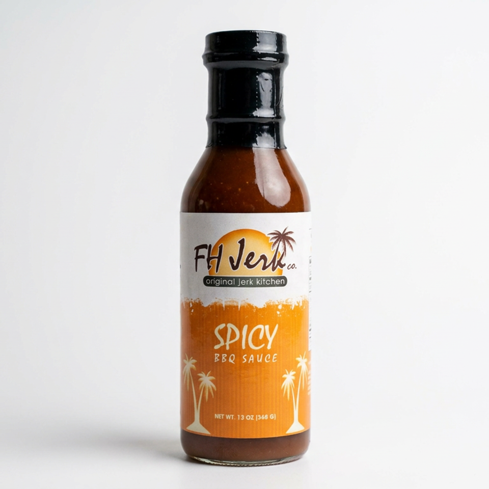 Bottle of FH Jerk Co. Spicy BBQ Sauce with palm tree graphics on a white background.